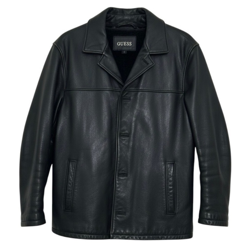 VTG Guess Mens Jacket L Black Genuine Leather Car Coat Zip Out Lining Biker Goth